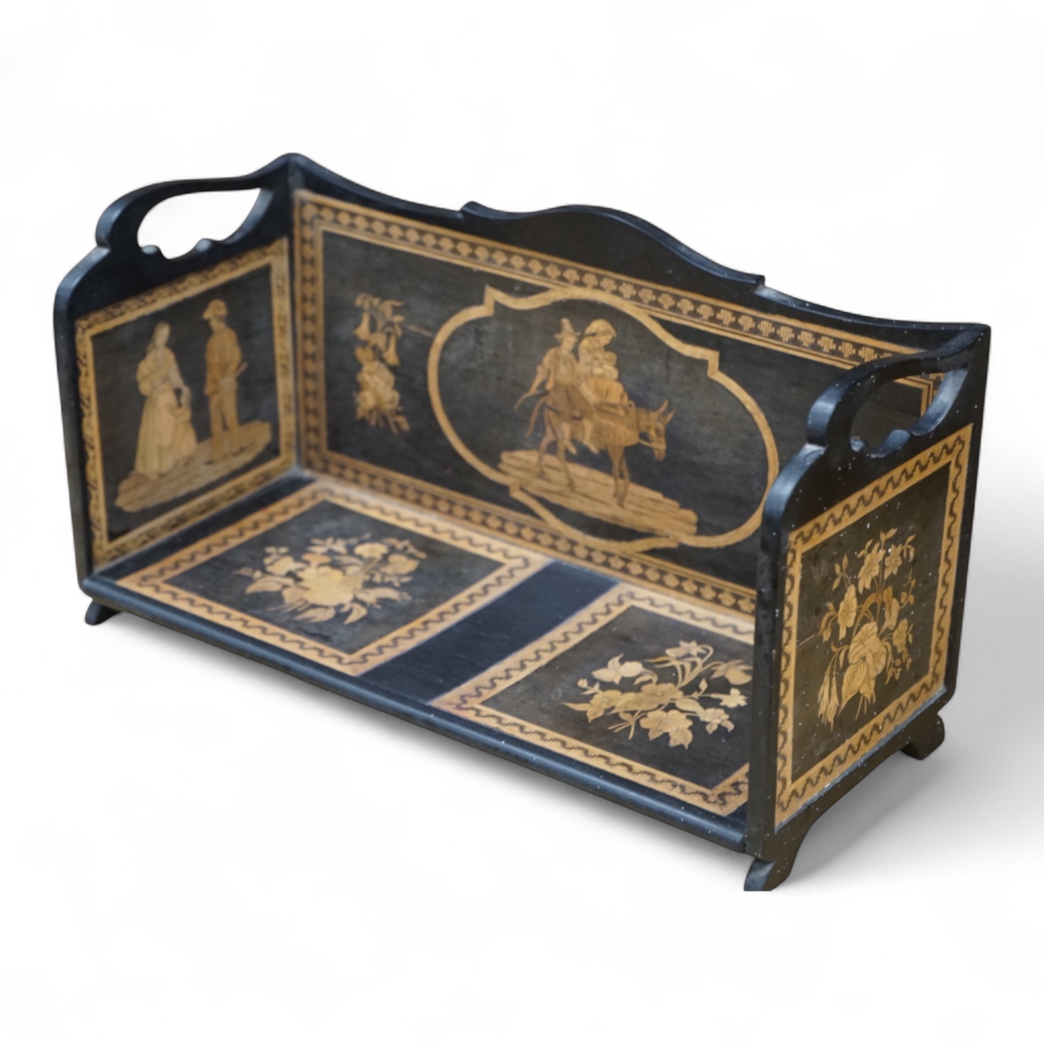 A late 19th century Sorrento ware book stand, 37.5cm wide x 20cm high